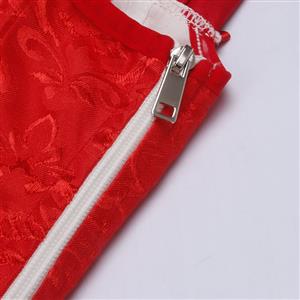 Red Lace-Up Dance Bustier Corset with Ruffle Shoulder Straps and Scalloped Hem N23801