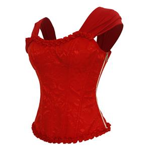 Red Lace-Up Dance Bustier Corset with Ruffle Shoulder Straps and Scalloped Hem N23801