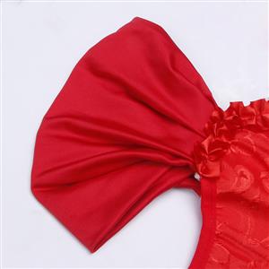 Red Lace-Up Dance Bustier Corset with Ruffle Shoulder Straps and Scalloped Hem N23801