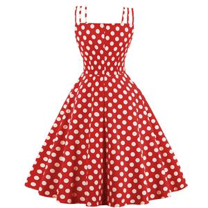 Sexy Red Vintage Strappy Polka Dot Printed Swing Summer Day Dress N22986