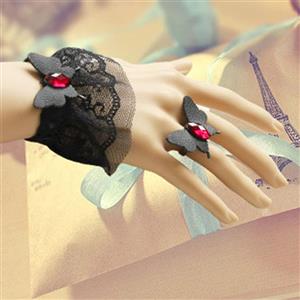 Retro Black Lace Wristband Victorian Style Butterfly Bracelet with Ring J17758