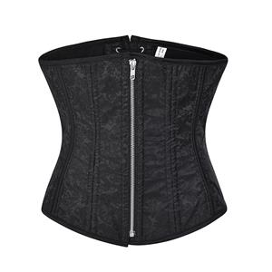 Retro Black Zipper Flower Busk Closure Waist Shaping Underbust Corset N22629