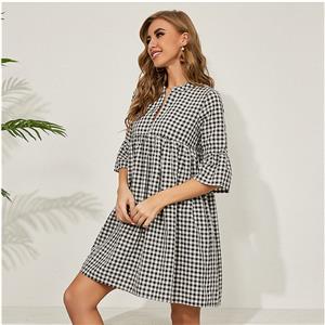 Retro Black and White Check Pattern V Neck Flared Sleeves Loose Mini Dress N20923