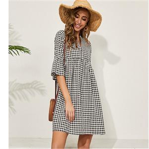 Retro Black and White Check Pattern V Neck Flared Sleeves Loose Mini Dress N20923