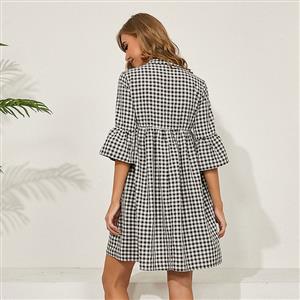 Retro Black and White Check Pattern V Neck Flared Sleeves Loose Mini Dress N20923
