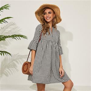 Retro Black and White Check Pattern V Neck Flared Sleeves Loose Mini Dress N20923