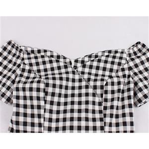 Retro Black and White Check Pattern Off Shoulder Short Sleeves High Waist A Line Swing Dress N18651