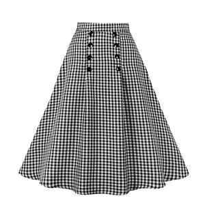 Retro Black and White Checkered Double-breasted High Waisted Cotton A-line Flared Skirt N22082