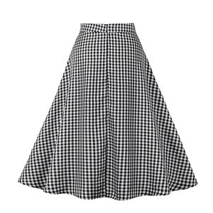 Retro Black and White Checkered Double-breasted High Waisted Cotton A-line Flared Skirt N22082