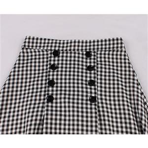 Retro Black and White Checkered Double-breasted High Waisted Cotton A-line Flared Skirt N22082