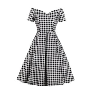 Plus Size Retro Black and White Checkered Off Shoulder High Waist A Line Swing Dress N19418