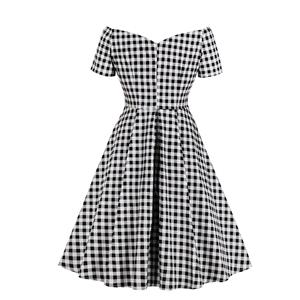 Plus Size Retro Black and White Checkered Off Shoulder High Waist A Line Swing Dress N19418