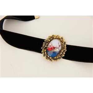 Retro Christmas Santa and Reindeer Badge Black Choker Necklace J18621