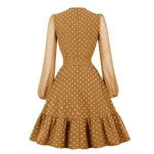 Vintage Lace-up Cut-out Bodice Long Sleeves Sashed High Waist Cocktail Party A-line Dress N22046