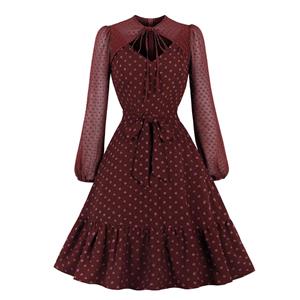 Vintage Lace-up Cut-out Bodice Long Sleeves Sashed High Waist Cocktail Party A-line Dress N22047