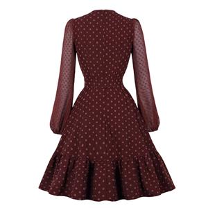 Vintage Lace-up Cut-out Bodice Long Sleeves Sashed High Waist Cocktail Party A-line Dress N22047