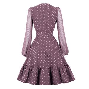 Vintage Lace-up Cut-out Bodice Long Sleeves Sashed High Waist Cocktail Party A-line Dress N22048