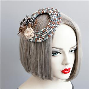 Retro Ethnic Style Ring Pearls Feather Embellishment Halloween Accessory Hat Hairclip J18807