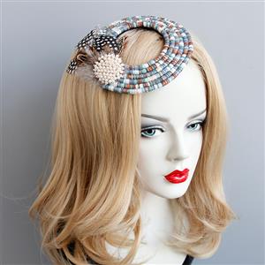 Retro Ethnic Style Ring Pearls Feather Embellishment Halloween Accessory Hat Hairclip J18807