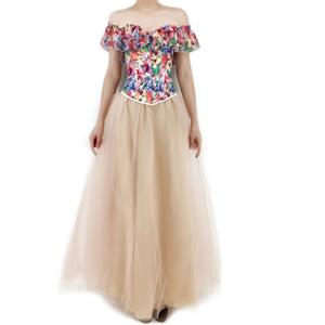 Retro Floral Print Off Shoulder Plastic Boned Overbust Corset Multi-layered Maxi Tulle Skirt N22233