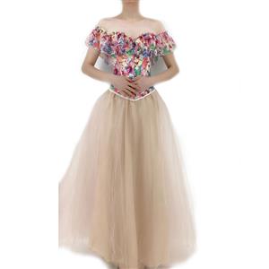 Retro Floral Print Off Shoulder Plastic Boned Overbust Corset Multi-layered Maxi Tulle Skirt N22233