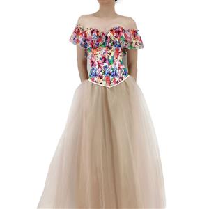 Retro Floral Print Off Shoulder Plastic Boned Overbust Corset Multi-layered Maxi Tulle Skirt N22233
