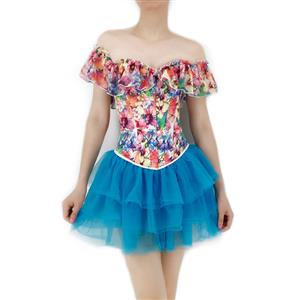 Retro Floral Print Off Shoulder Plastic Boned Overbust Corset with Multi-layered Tutu Skirt N22232