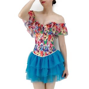 Retro Floral Print Off Shoulder Plastic Boned Overbust Corset with Multi-layered Tutu Skirt N22232