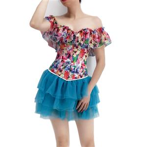 Retro Floral Print Off Shoulder Plastic Boned Overbust Corset with Multi-layered Tutu Skirt N22232