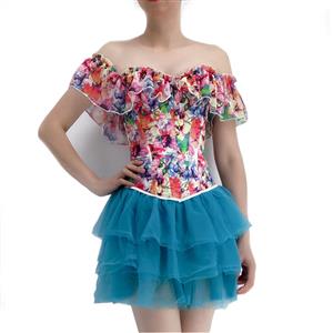 Retro Floral Print Off Shoulder Plastic Boned Overbust Corset with Multi-layered Tutu Skirt N22232