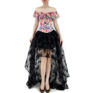 Retro Floral Print Off Shoulder Plastic Boned Overbust Corset with Organza High Low Skirt Set N22234