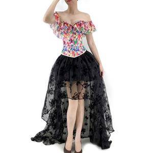 Retro Floral Print Off Shoulder Plastic Boned Overbust Corset with Organza High Low Skirt Set N22234