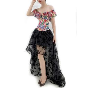 Retro Floral Print Off Shoulder Plastic Boned Overbust Corset with Organza High Low Skirt Set N22234