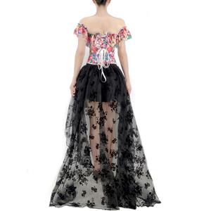 Retro Floral Print Off Shoulder Plastic Boned Overbust Corset with Organza High Low Skirt Set N22234