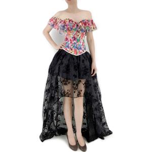 Retro Floral Print Off Shoulder Plastic Boned Overbust Corset with Organza High Low Skirt Set N22234
