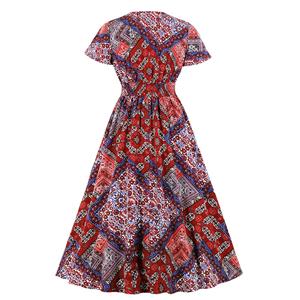 Retro Floral Printed V Neck Short Sleeve Elastic Waist A-Line Big Swing Dress N20952