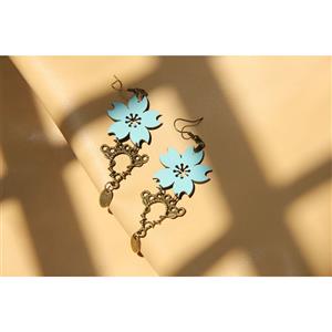 Retro Light Blue Flower Modeling with Bronze Metal Drop Earrings J18438