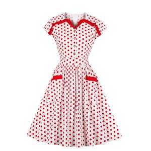 Retro V Neck Contrast Color Polka Dots Front Button Short Sleeve High Waist Swing Dress N21353