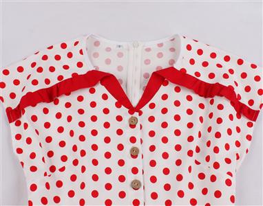 Retro V Neck Contrast Color Polka Dots Front Button Short Sleeve High Waist Swing Dress N21353