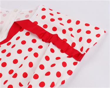 Retro V Neck Contrast Color Polka Dots Front Button Short Sleeve High Waist Swing Dress N21353