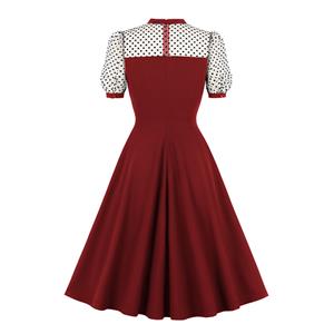 Vintage Sheer Mesh Polka Dots Patchwork Heart-shaped Bodice High Waist A-line Dress N21709