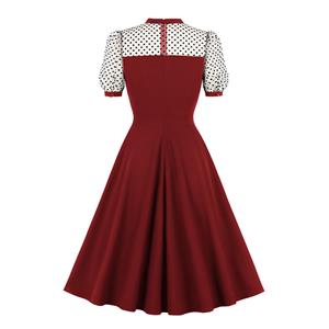 Vintage Sheer Mesh Polka Dots Patchwork Heart-shaped Bodice High Waist A-line Dress N21709