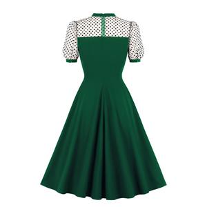 Vintage Sheer Mesh Polka Dots Patchwork Heart-shaped Bodice High Waist A-line Dress N21710