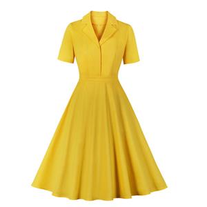 Retro Hepburn Solid Color Lapel Short Sleeve High Waist Midi Swing Dress N20966
