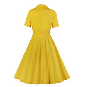 Retro Hepburn Solid Color Lapel Short Sleeve High Waist Midi Swing Dress N20966
