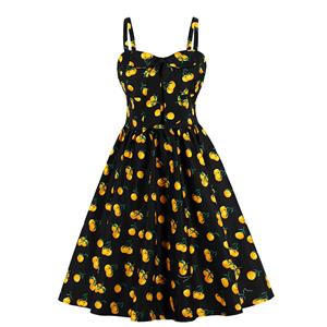 Sexy Yellow Peach Pattern Print Spaghetti Straps High Waist Dinner Party Midi Swing Dress N20564