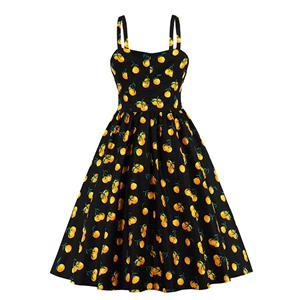 Sexy Yellow Peach Pattern Print Spaghetti Straps High Waist Dinner Party Midi Swing Dress N20564