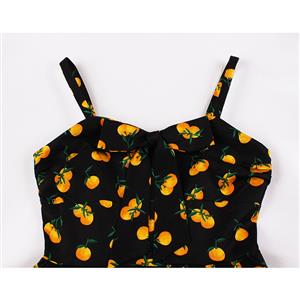 Sexy Yellow Peach Pattern Print Spaghetti Straps High Waist Dinner Party Midi Swing Dress N20564