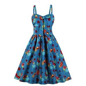 Sexy Cherry Pattern Print Spaghetti Straps High Waist Dinner Party Midi Swing Dress N20565