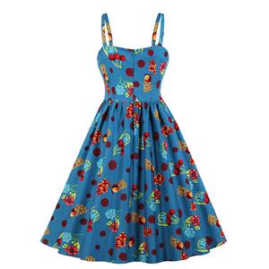 Sexy Cherry Pattern Print Spaghetti Straps High Waist Dinner Party Midi Swing Dress N20565